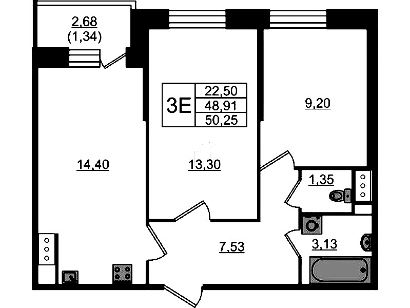 2-комнатная квартира 50.25 м², 8/23 эт., ЖК «Живи! В Рыбацком»